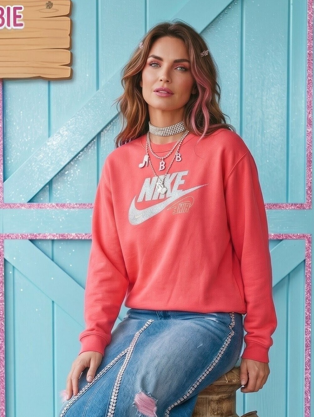 Nike Vintage Y2K Pink Crewneck Sweatshirt with Silver Glitter Center Swoosh